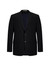 A black men's suit jacket featuring a two-button design and a classic blazer style with a logo.