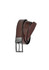 A brown leather reversible belt featuring a sleek silver buckle and contrasting stitching. It has a branded logo.
