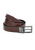 A brown leather reversible belt with a black underside and a silver buckle, featuring a logo.