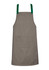 A khaki apron with green bib straps and a front pocket, featuring a logo on the straps.