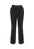 A pair of black slacks with a fitted waist and two-button closure. Features a clean, tailored design and logo.