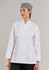 A white long sleeve chef jacket with a double-breasted front and a checkered chef hat.