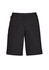 A pair of women's black cargo shorts with side pockets and a waistband. Features a logo on the garment.
