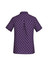 A short sleeve women's button-up shirt in purple with a daisy print pattern, featuring a subtle logo on the back.