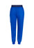 A pair of blue slim leg jogger scrub pants with a waistband and side pocket, featuring a logo.