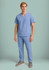 A model wearing light blue scrub cargo pants and a matching scrub top, featuring pockets and a logo.