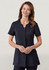 A women's black tunic featuring short sleeves, a button front, and two pockets. It has a logo.