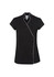 A black crossover tunic with short sleeves and white piping, featuring a button closure and logo.