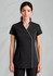 A black women's crossover tunic with a slim fit, featuring short sleeves and white trim, has a logo on the left side.