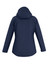 A navy blue women's jacket featuring a hood and a sleek, minimal design. It includes a logo on the back.