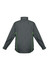 A unisex jacket in dark grey with green accents, featuring a high collar and long sleeves.