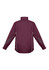 A maroon unisex jacket with a high collar, featuring white contrasting details and a logo.