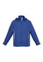 A blue unisex jacket with a hood, featuring mesh details along the sides and a front zip, includes a logo.