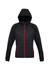 A black puffer jacket with a hood, featuring red zip details and a logo.