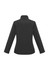 A black women's soft shell jacket featuring a high collar and long sleeves. It has a logo on the back.