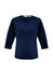 A navy blue women's 3/4 sleeve top with a crossover neckline and a logo.