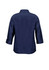 A navy blue ladies' shirt with 3/4 sleeves and a collar, featuring a logo on the back.