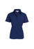 A navy blue women's button-up shirt with short sleeves and a collared neckline, featuring buttons down the front and a logo.