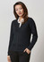 A black merino cardigan with a button-down front, featuring a fitted silhouette and long sleeves. It has a logo.