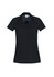 A women's short sleeve polo shirt in black, featuring a v-neck and a logo on the collar.