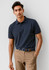 A navy blue short sleeve polo shirt, worn by a man, paired with khaki trousers. The polo features a collar and a logo.