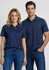 A navy blue short sleeve polo shirt featuring a logo, displayed on both a male and female model.