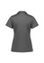 A grey women's short sleeve polo shirt with a back design featuring a logo and perforated detailing on the sleeves.