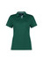 A green women's short sleeve polo shirt with a collar and side detailing, featuring a logo.