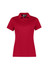 A red women's short sleeve polo shirt with a collar and a logo on the chest.