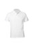 A white men's short sleeve polo shirt with a collar and a branding logo.
