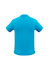 A short sleeve polo shirt in bright blue with a back view and a logo on the side.