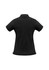 A black women's short sleeve polo shirt with a classic collar and a logo on the chest.