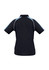A black women's short sleeve polo shirt with light blue accents and a logo. The back view highlights the design and fit.