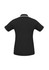 A black women's polo shirt with short sleeves and contrasting trim on the collar. Features a logo on the front.