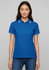 A women's short sleeve polo in vibrant blue with contrasting white stripes on the collar and sleeves.