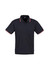 A black short sleeve polo shirt features contrasting striped detailing on the collar and sleeves, and includes a logo.