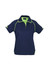 A navy blue women's polo shirt with lime green detailing and a logo on the chest.