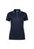 A navy women's short sleeve polo shirt featuring a contrasting collar and buttons, with a logo on the chest.
