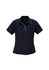 A navy blue women's short sleeve polo shirt with a subtle check pattern and a collar. It features a branding logo.