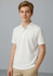 A white short sleeve polo shirt for kids, featuring a collar and a logo. Casual and versatile design.