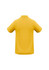 A yellow polo shirt with a classic collar and short sleeves, featuring a logo on the back.
