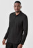 A long sleeve men's polo shirt in black, featuring a collar and a logo on the chest.