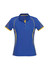 A women's short sleeve polo shirt in blue with yellow accents and a logo on the front.