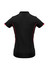 A black women's short sleeve polo shirt featuring contrasting red details and a logo on the back.