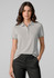 A women's short sleeve polo shirt in grey, featuring a classic collar and a logo on the chest.