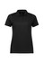 A black women's short sleeve polo shirt with a collar and buttons, featuring a logo.
