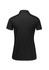 A black women's short sleeve polo shirt featuring a sporty design and a logo on the back.