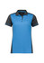A women's short sleeve polo shirt in blue and grey, featuring a collar and a logo.