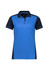 A blue and navy women's short sleeve polo shirt featuring a collar and a logo on the chest.