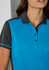 A women's short sleeve polo in blue with black accents and a three-button placket, featuring a logo on the chest.